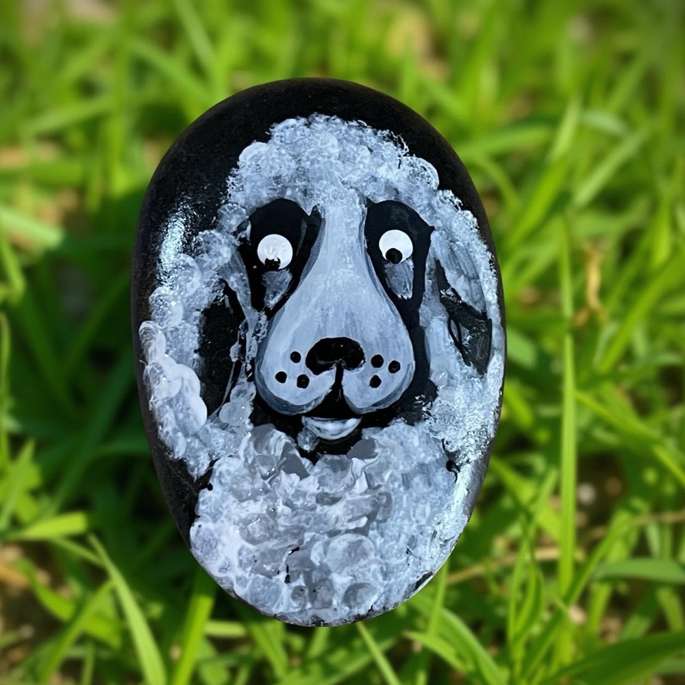 Hand crafted painted white poodle dog black rock fluffy curly puppy 1.5x2 inches